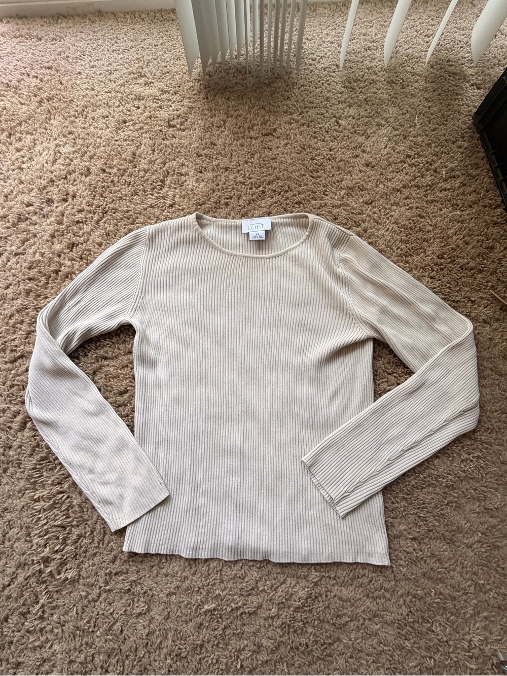 LOFT Cream Ribbed Slim Long Sleeve Crewneck Top
